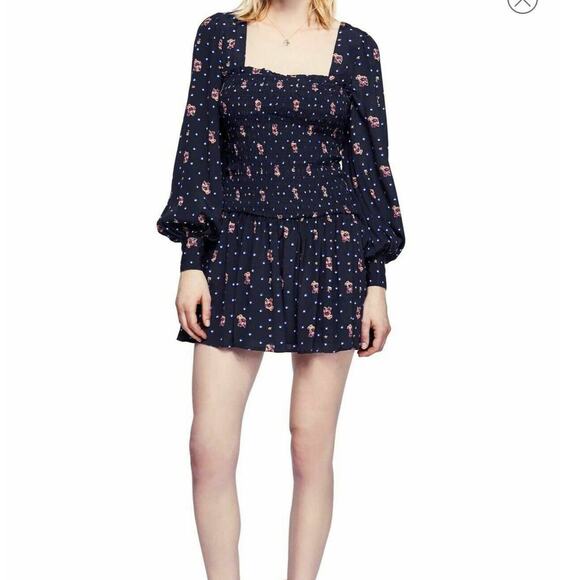 FREE PEOPLE black Floral Long Sleeves Peasant Mini Dress Small - Picture 6 of 11